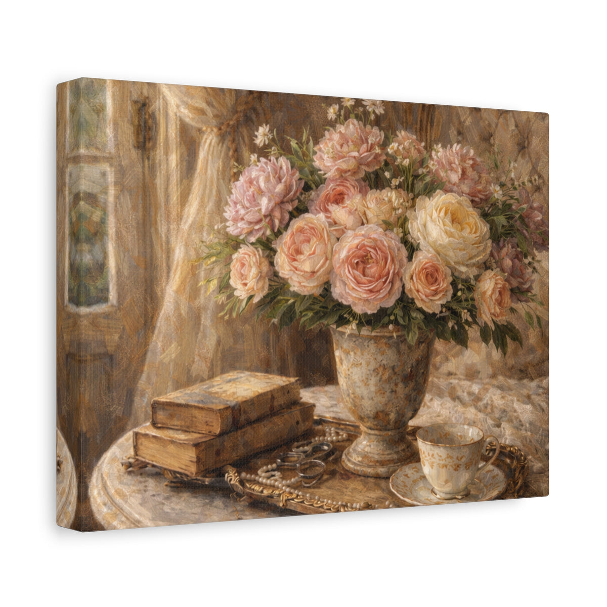 French Country Books Roses Canvas Wall Art Print, Chateaucore Floral Wall Hanging Decor, Victorian Romantic Home Decor, Gift Mom Grandma