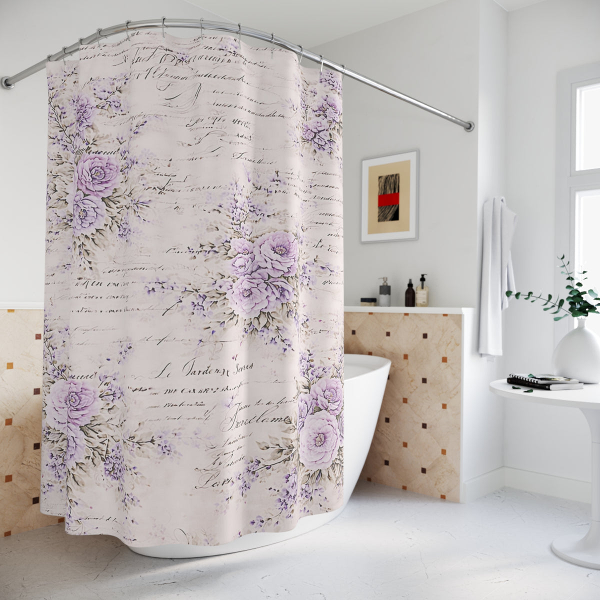 Chateaucore Lavendar Roses Floral Shower Curtain, Victorian Bathroom Decor, French Script Country, Shabby Chic, Housewarming Wedding Gift