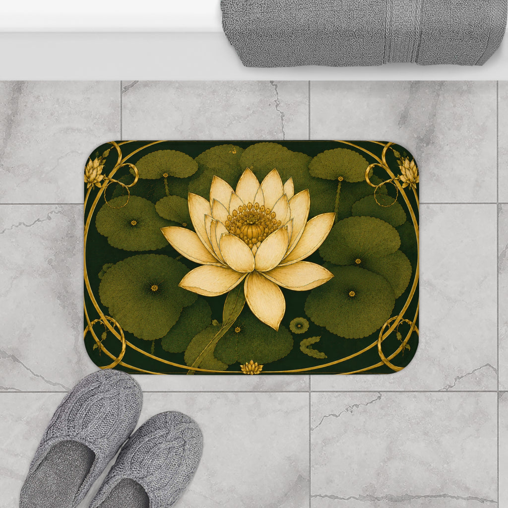Art Nouveau Water Lily Bathroom 5-Piece Set Shower Curtain, Memory Foam Bath Mat Towel Set, French Country Chateaucore Botanical Decor
