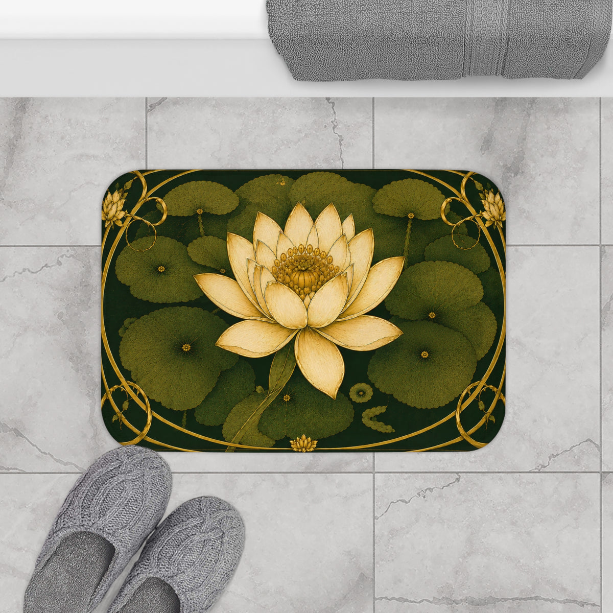 Art Nouveau Water Lily Bathroom 5-Piece Set Shower Curtain, Memory Foam Bath Mat Towel Set, French Country Chateaucore Botanical Decor