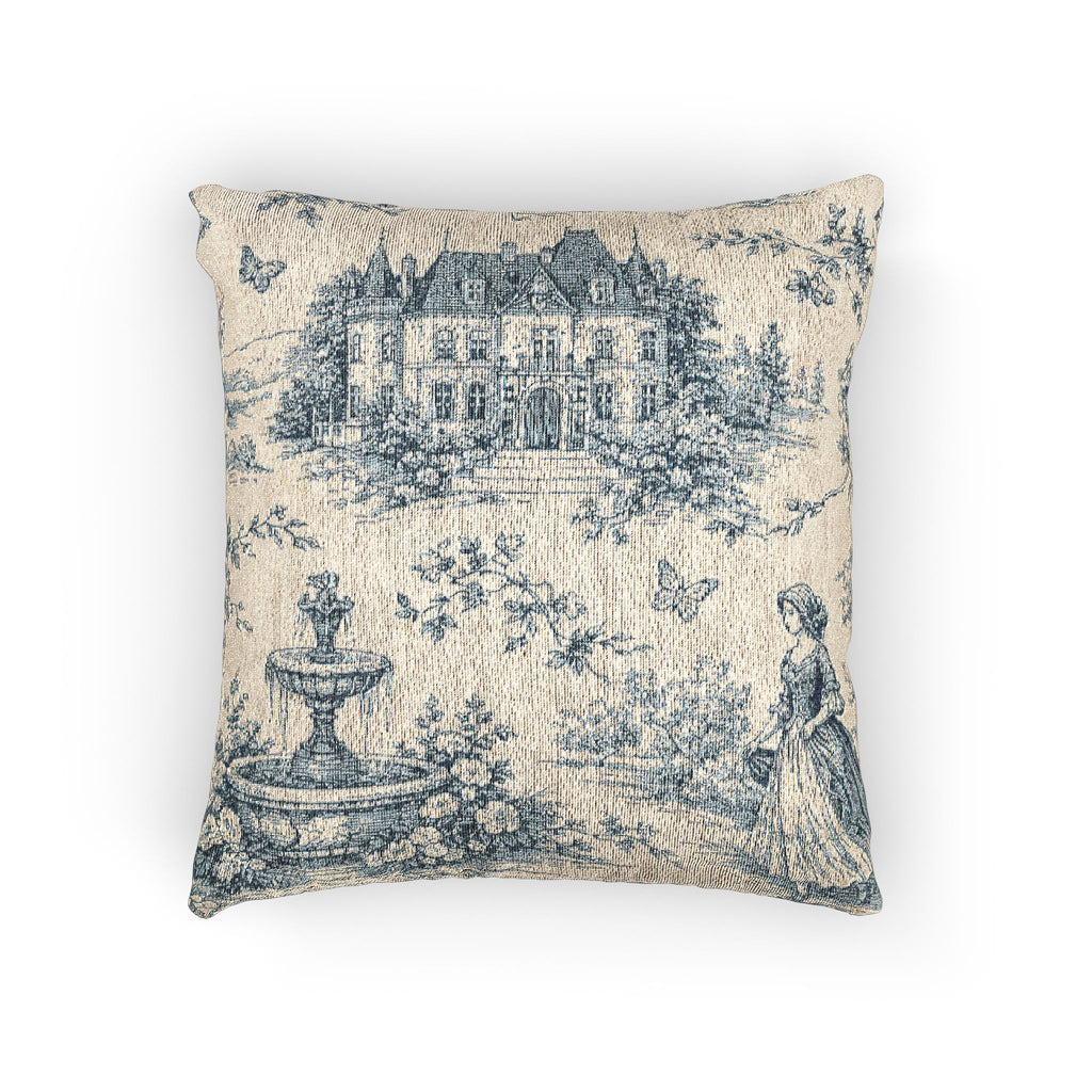 Blue Toile de Jouy Woven Tapestry Pillow and Cover, Vintage Chateau Estate Fountain, French Country Throw Pillow, Victorian Wedding Housewarming Gift