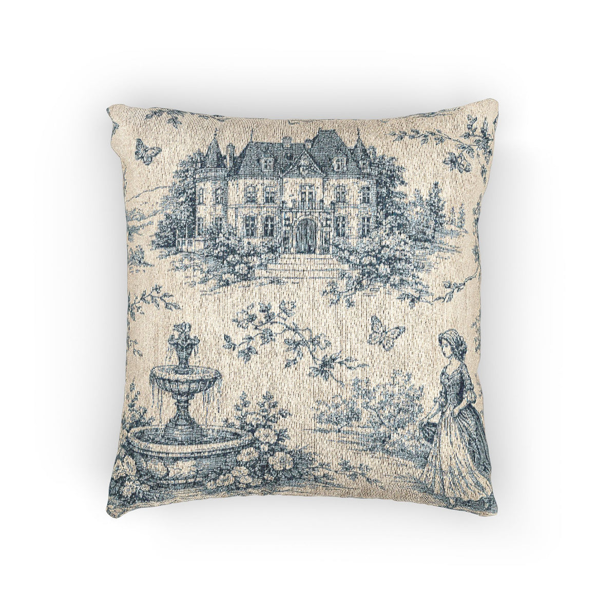 Blue Toile de Jouy Woven Tapestry Pillow and Cover, Vintage Chateau Estate Fountain, French Country Throw Pillow, Victorian Wedding Housewarming Gift