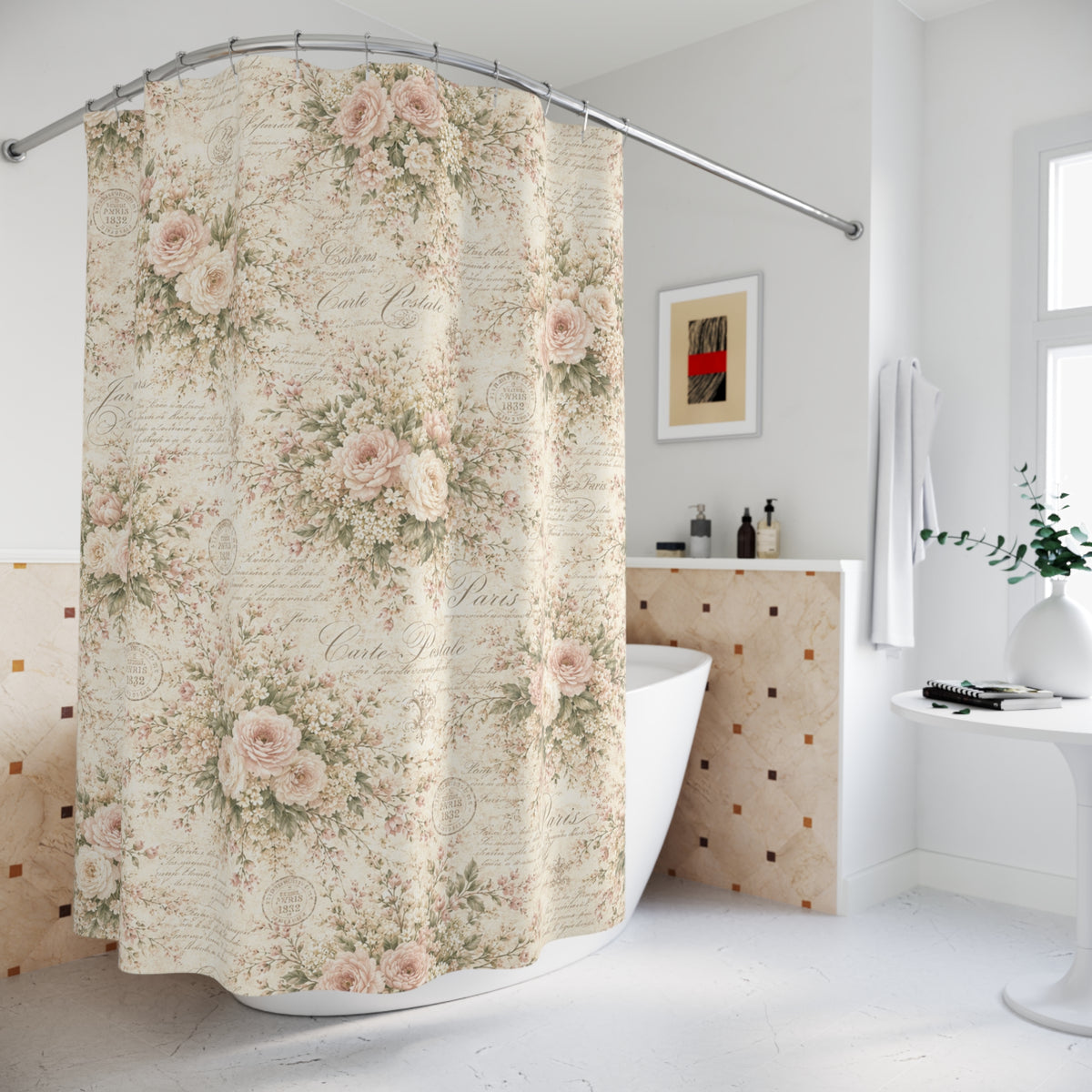 Love Letter Chateau Shower Curtain, Blush Pink Cream Shabby Chic Rose French Script Bathroom Decor