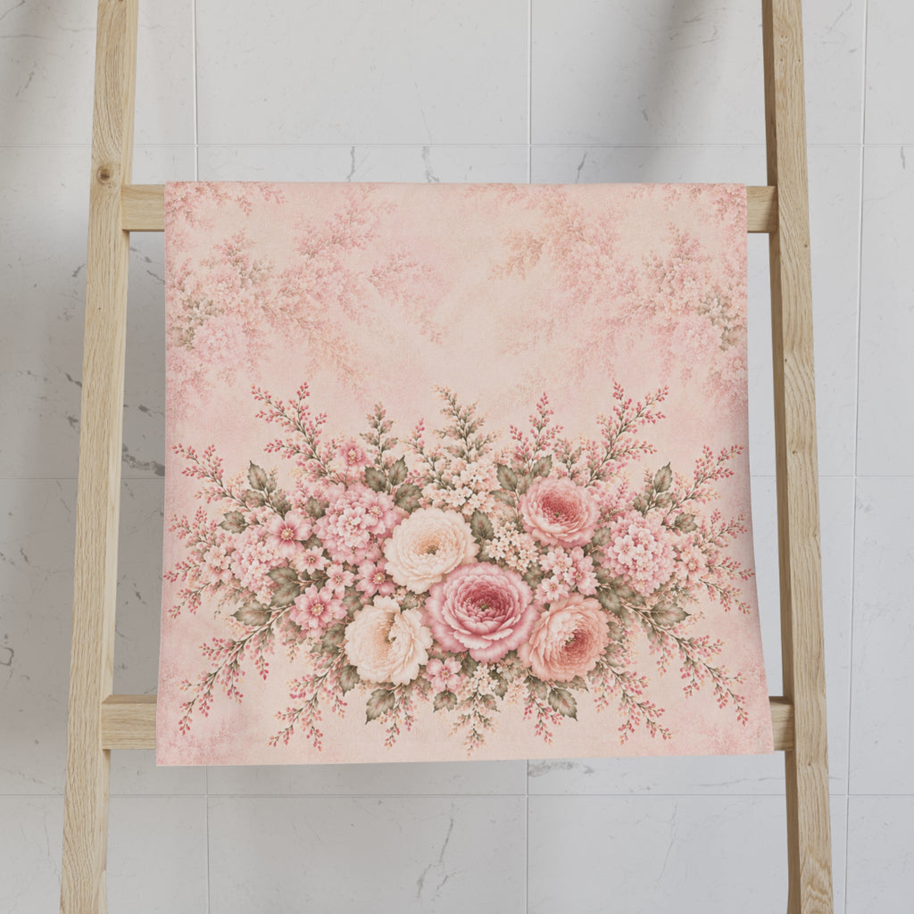 A hand towel featuring a vintage-style floral bouquet print in shades of pink, cream, and green, draped over the side of a light wood ladder against a white marble-look tiled wall.