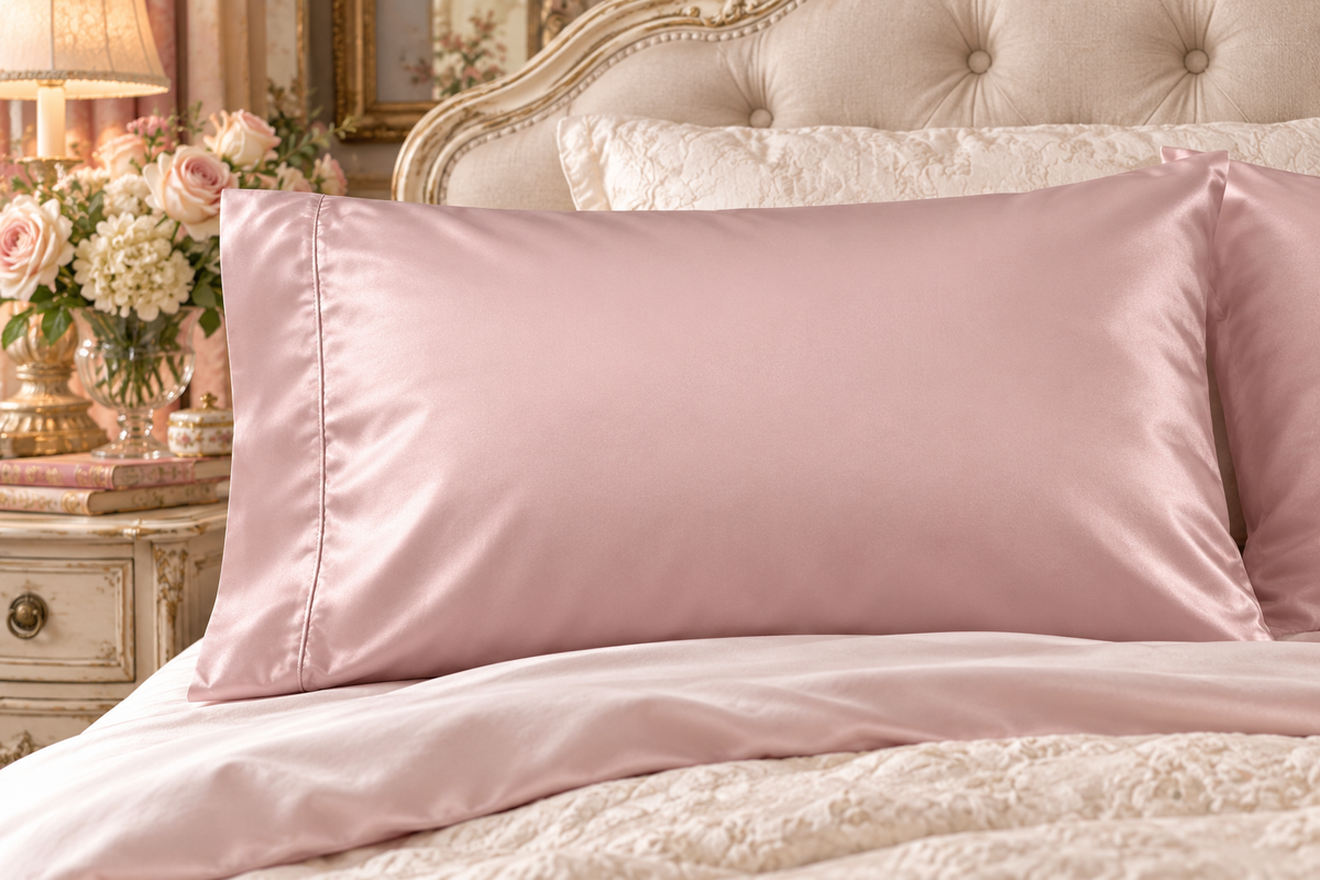 Satin Pillowcase — Blush Silk-Feel Beauty & Hair Protection Pillow Cover, French Country Shabby Chic Luxury Bedding