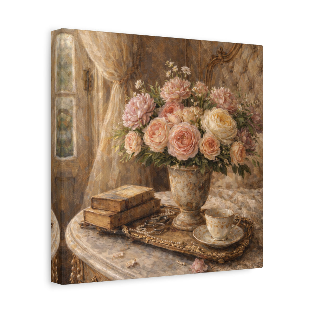 French Country Books Roses Canvas Wall Art Print, Chateaucore Floral Wall Hanging Decor, Victorian Romantic Home Decor, Gift Mom Grandma