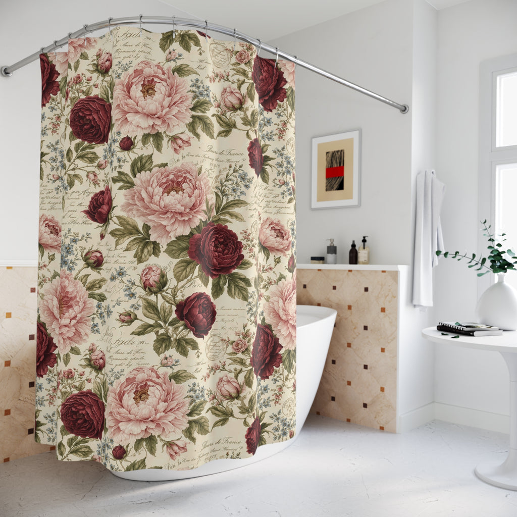 Burgundy Pink Roses French Script Floral Fabric Shower Curtain, Victorian Bathroom, French Country Cottage, Shabby Chic Bath