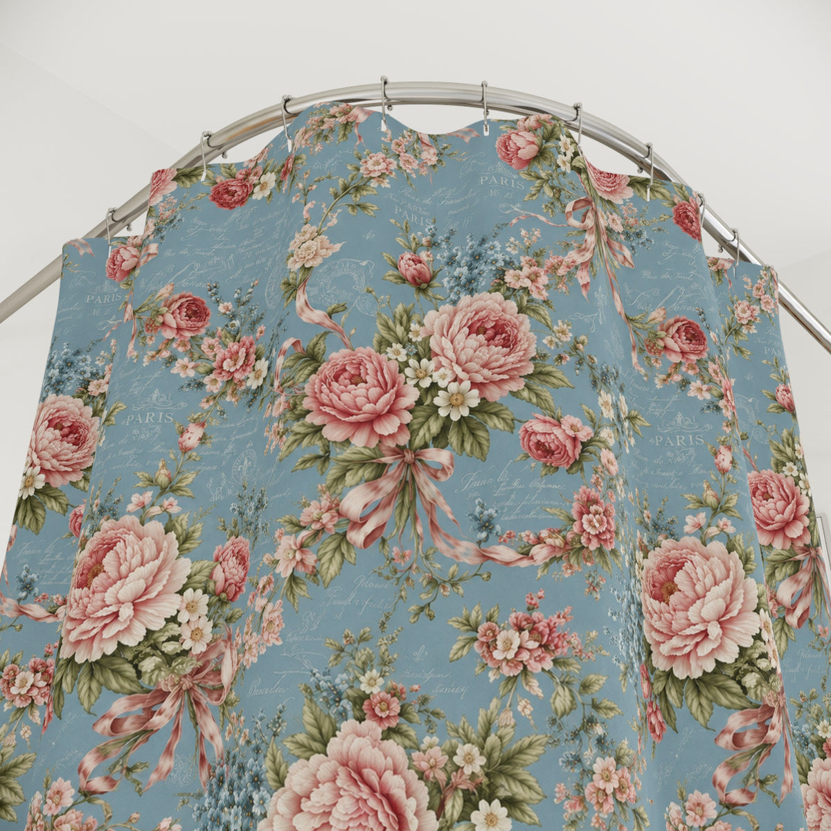 Pink Peonies Ribbons Blue Floral Fabric Shower Curtain, Victorian Bathroom, Chateaucore French Country Cottage, Shabby Chic Bath Decor