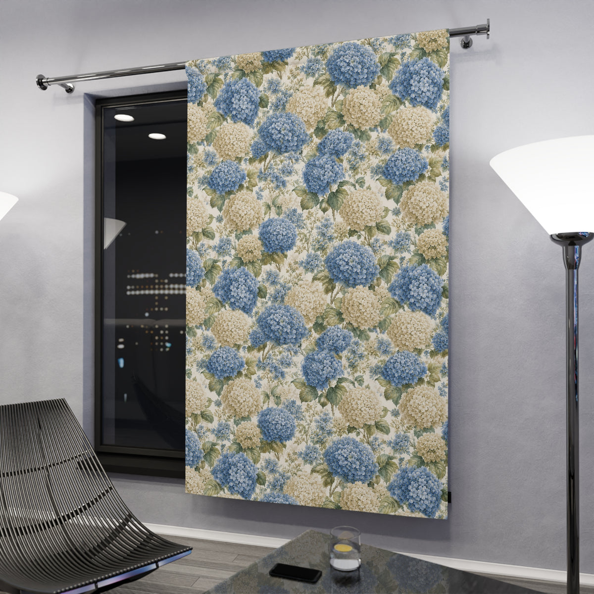 Blue Cream Hydrangea Black Out Long Curtains, French Country Floral Window Panels, Cottagecore Botanical Drapes, Chateaucore Farmhouse Decor