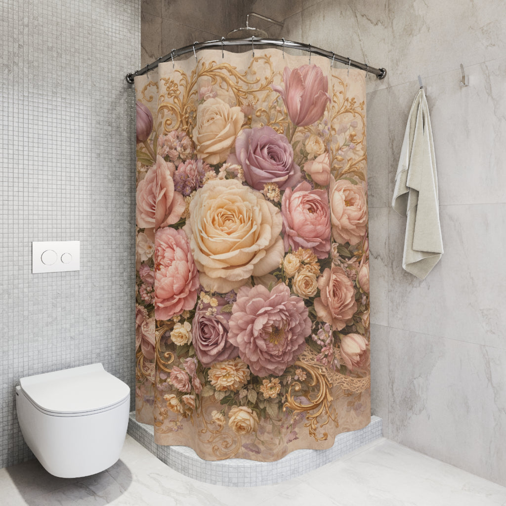 Rococo Pink Roses Floral Gold Baroque Shower Curtain, Victorian Bathroom Decor, French Country, Shabby Chic, Housewarming Wedding Gift