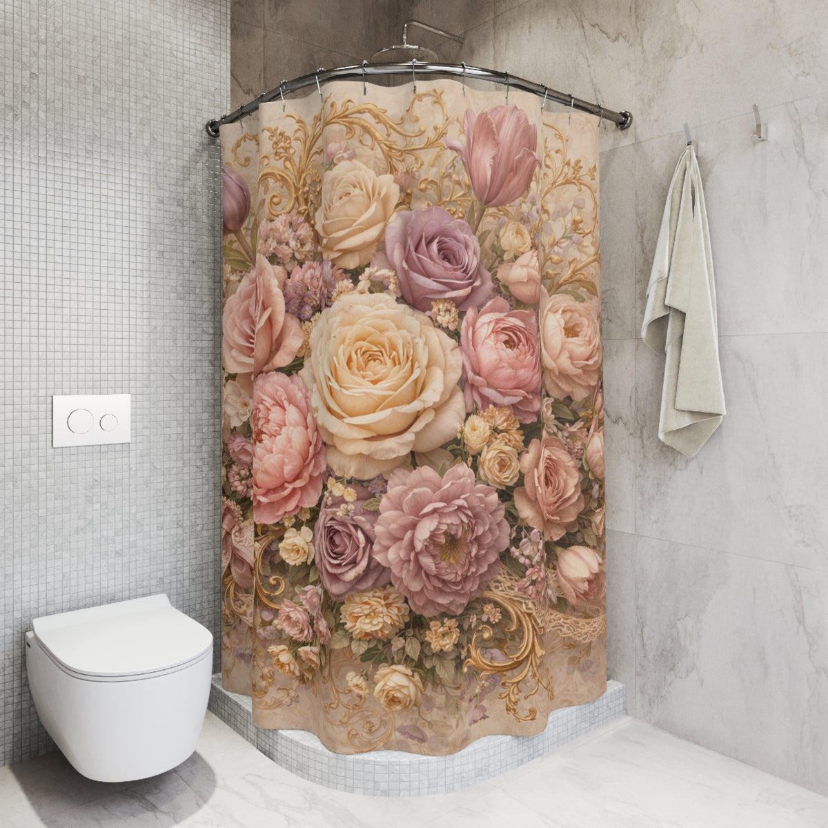Rococo Pink Roses Floral Gold Baroque Shower Curtain, Victorian Bathroom Decor, French Country, Shabby Chic, Housewarming Wedding Gift