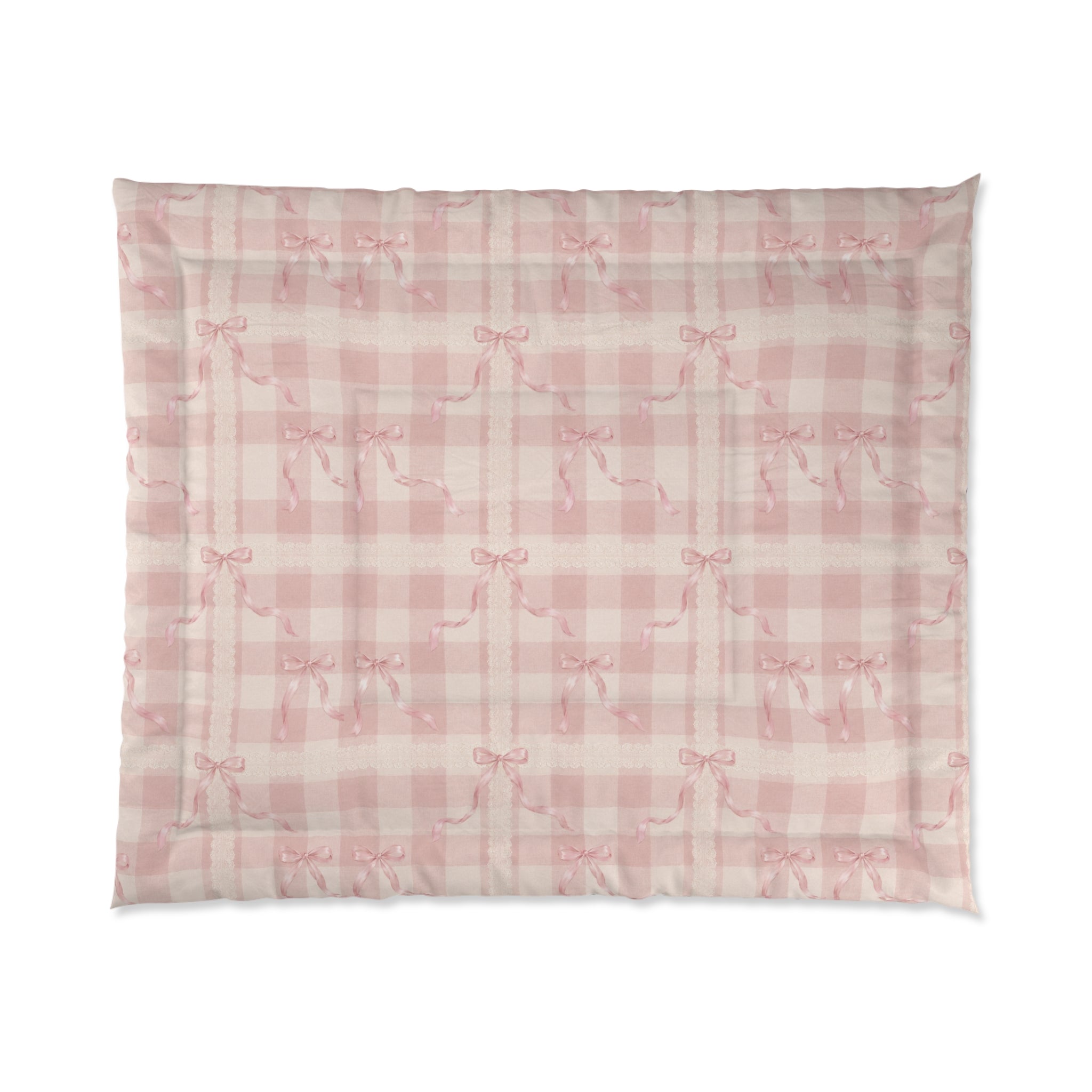 Pink Coquette Comforter Set | French Country Bedding Shabby Chic Gingham Lace Bow Bedspread Cottagecore Bedroom Decor
