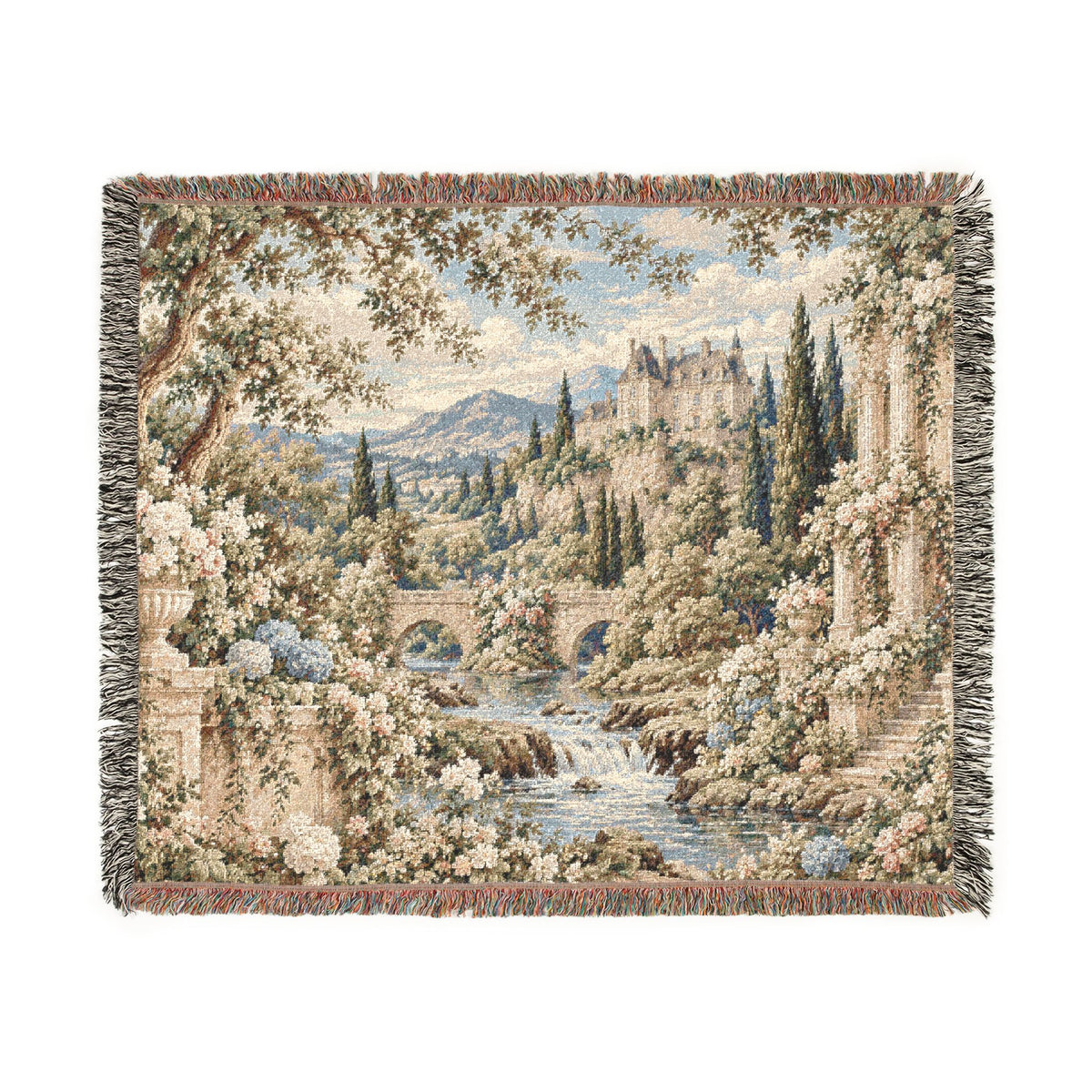 French Verdure Chateau Woven Blanket – Romantic Castle Garden Tapestry Throw, French Country Cottagecore Decor