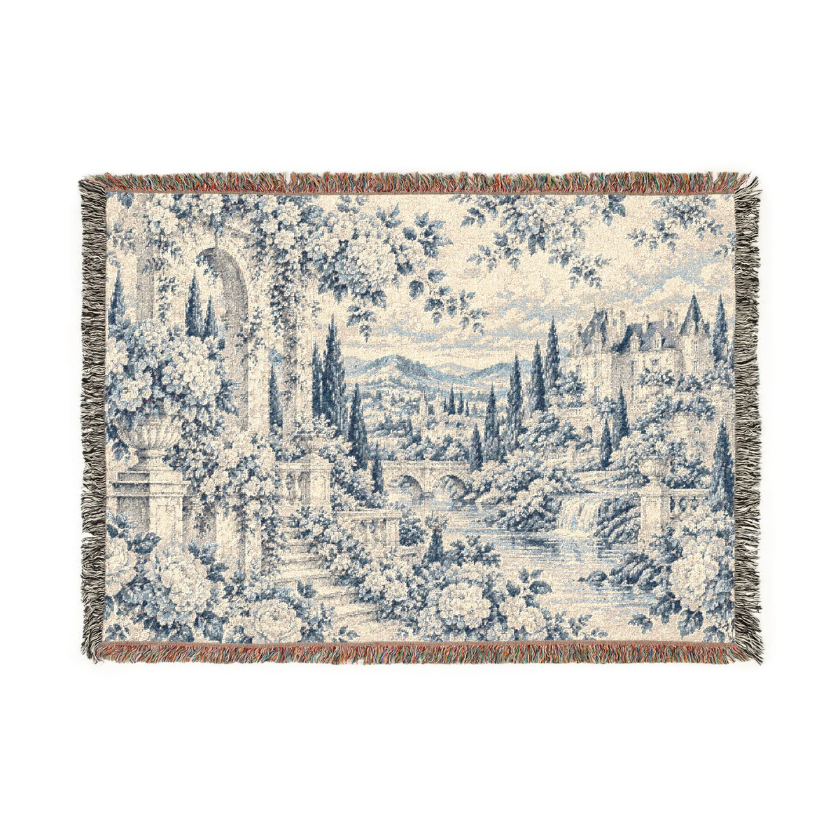 Faded Blue & Ivory Toile de Jouy Chateau Woven Blanket – French Country Tapestry Throw, Romantic Vintage Decor
