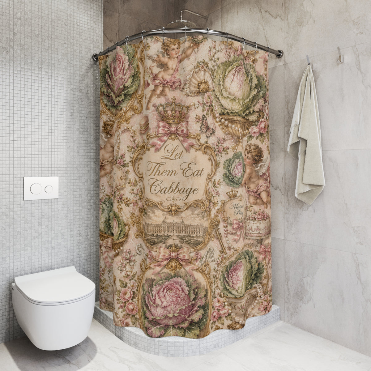 Let Them Eat Cabbage Shower Fabric Curtain | Rococo Coquette Bathroom Decor | Marie Antoinette French Palace Bath | Whimsical Maximalist