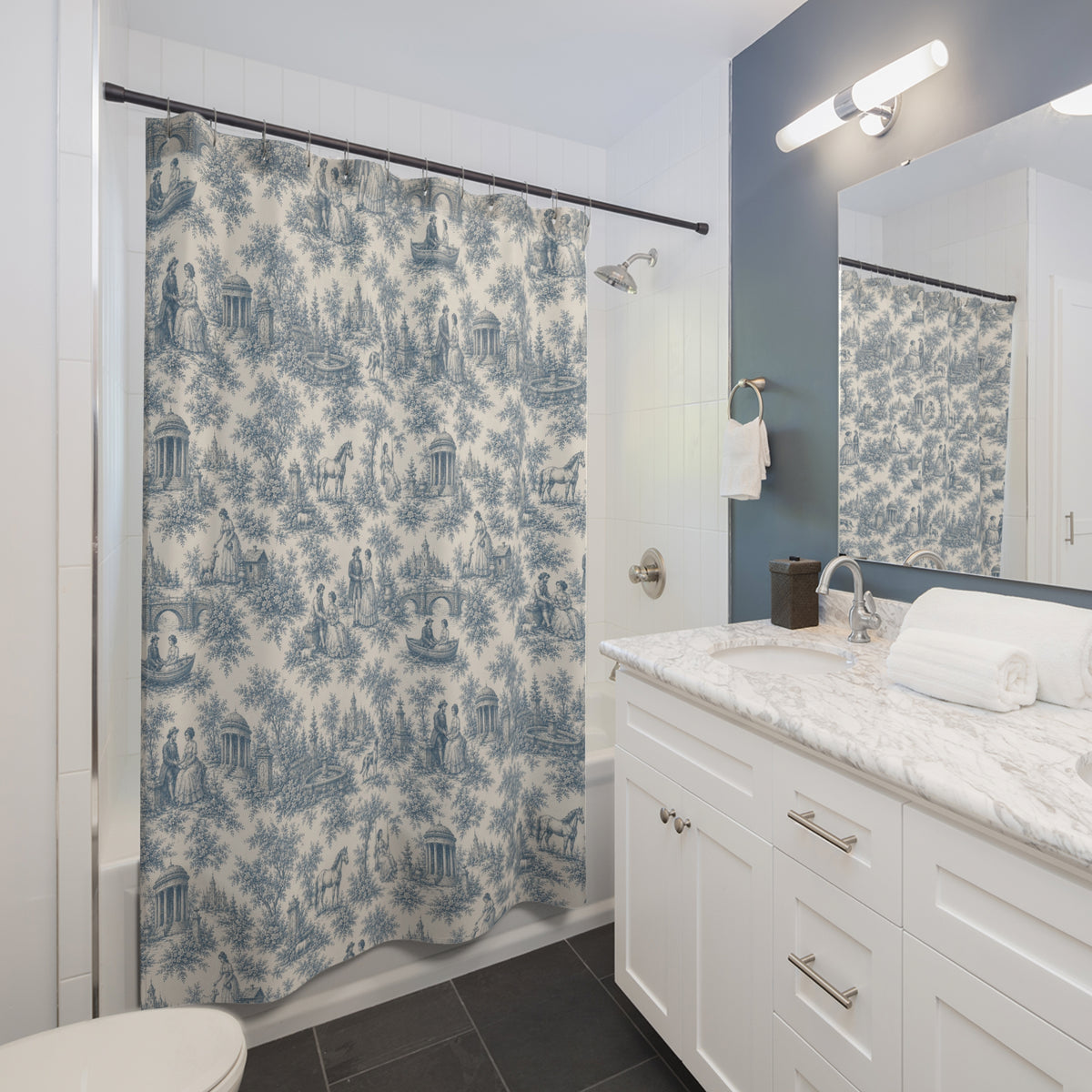 Dusty Blue French Toile Shower Curtain – Chateaucore French Country Bathroom Decor – Romantic Blue Bath Curtain