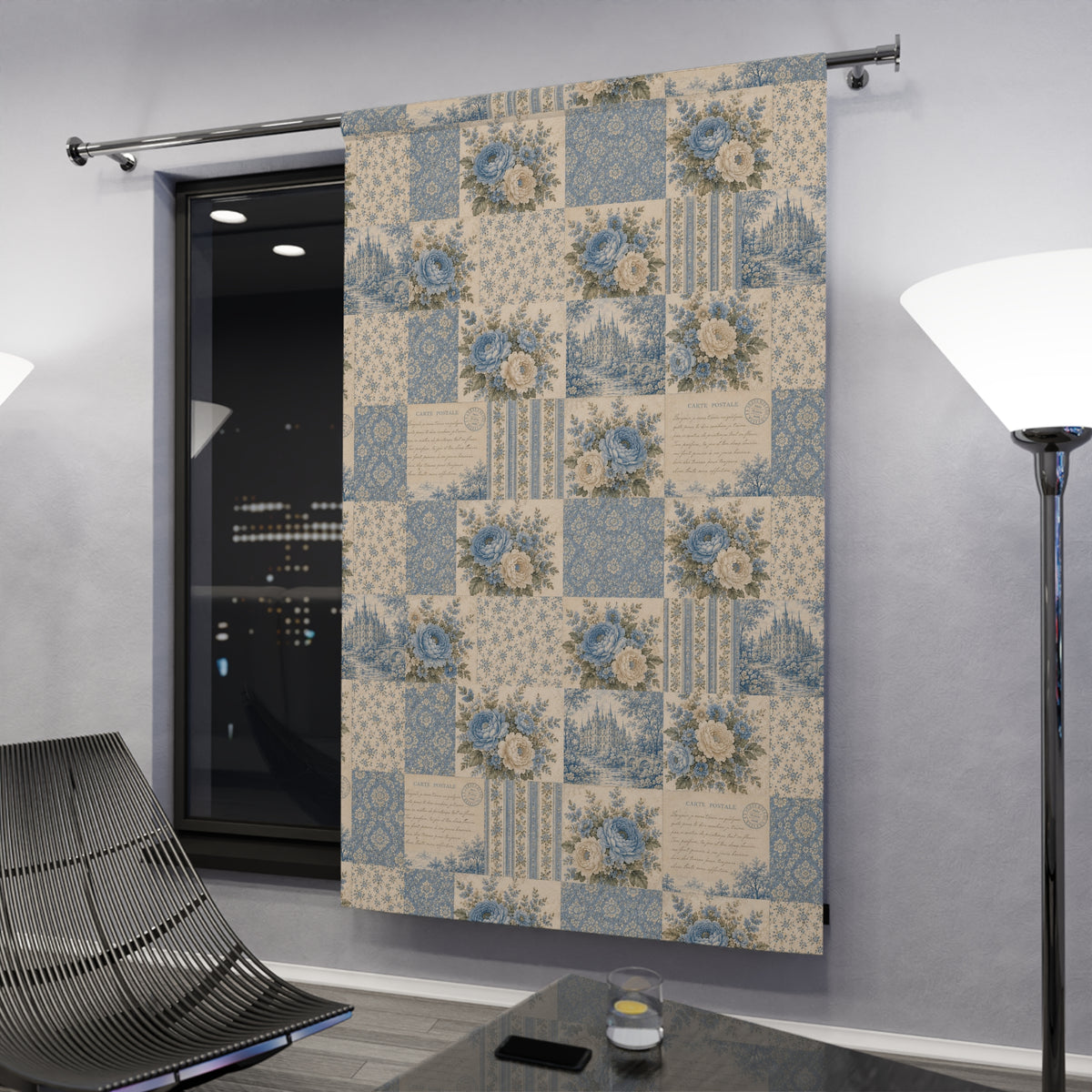 French Country Patchwork Print Blackout Curtains, Blue Toile Floral Drapes Panels, Chateaucore Window Treatment, Cottagecore Decor