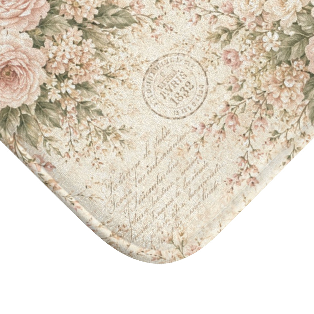 Love Letter Chateau Memory Foam Bathmat, Ivory Blush Rose French Script, Romantic Chateaucore Victorian Floral Soft Mat