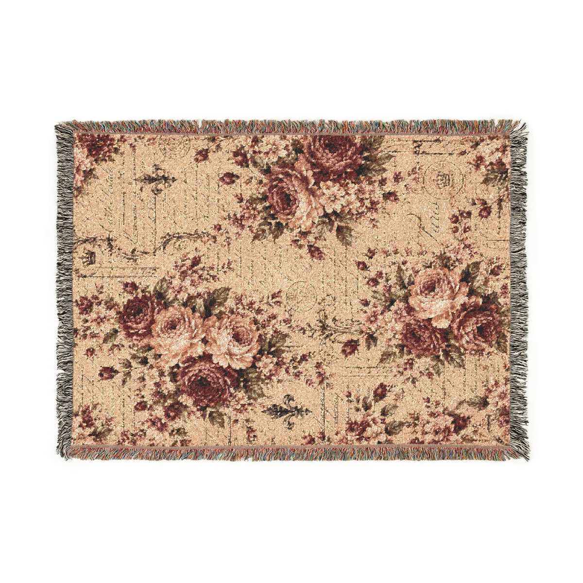 Burgundy Rose French Script Woven Tapestry Blanket – Vintage Chateaucore Floral Throw