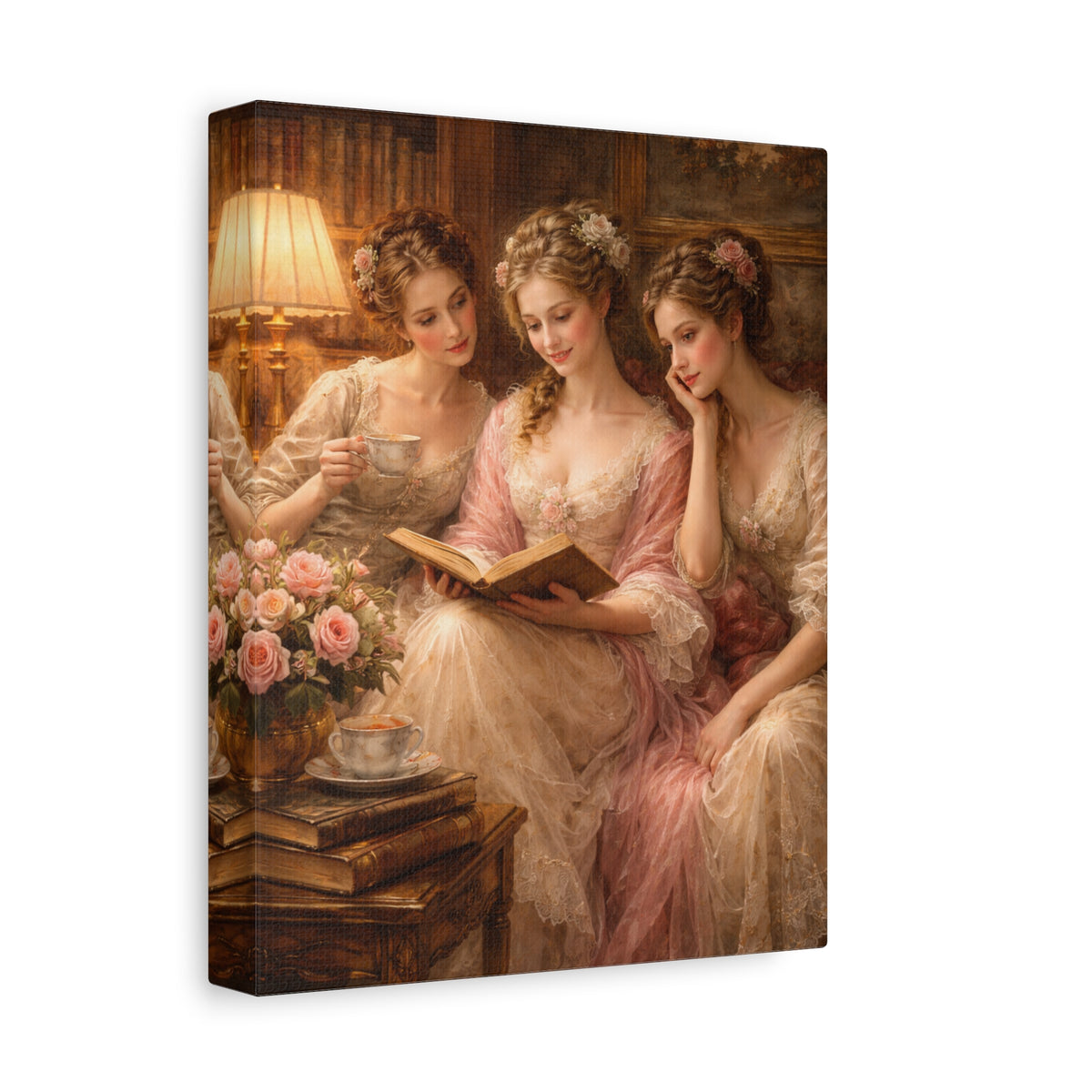 Victorian Pink Ladies Reading Nook Roses Canvas Wall Art Print, Women Wall Hanging Decor, Vintage Bookish Lady, Bedroom Decor, Gift for Her