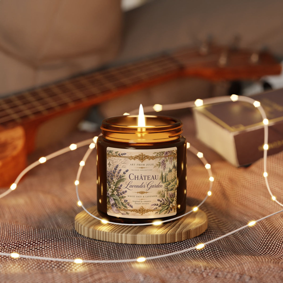 Château Lavender Garden Candle, White Sage Lavender Scented Soy Candle in Amber Jar, French Country Chateaucore Home Décor Gift