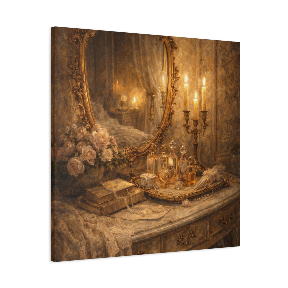 French Country Perfume Vanity Canvas Wall Art Print, Chateaucore Floral Wall Hanging Decor, Victorian Romantic Home Decor, Gift Mom Grandma