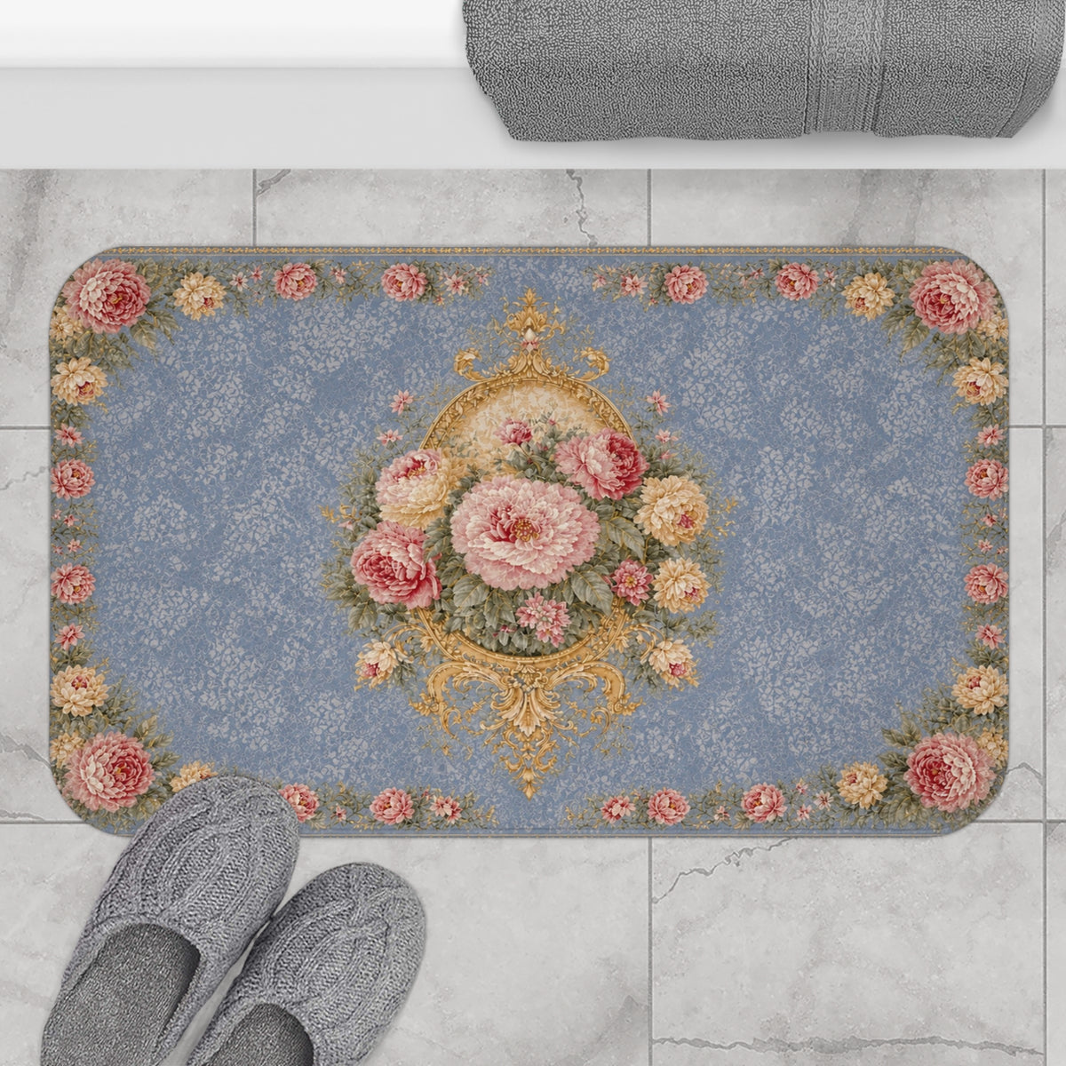 Blue Floral Memory Foam Bath Mat, Pink Peony Rose Rococo Bathroom Rug, French Country Vintage Chateaucore Victorian Shabby Chic Decor
