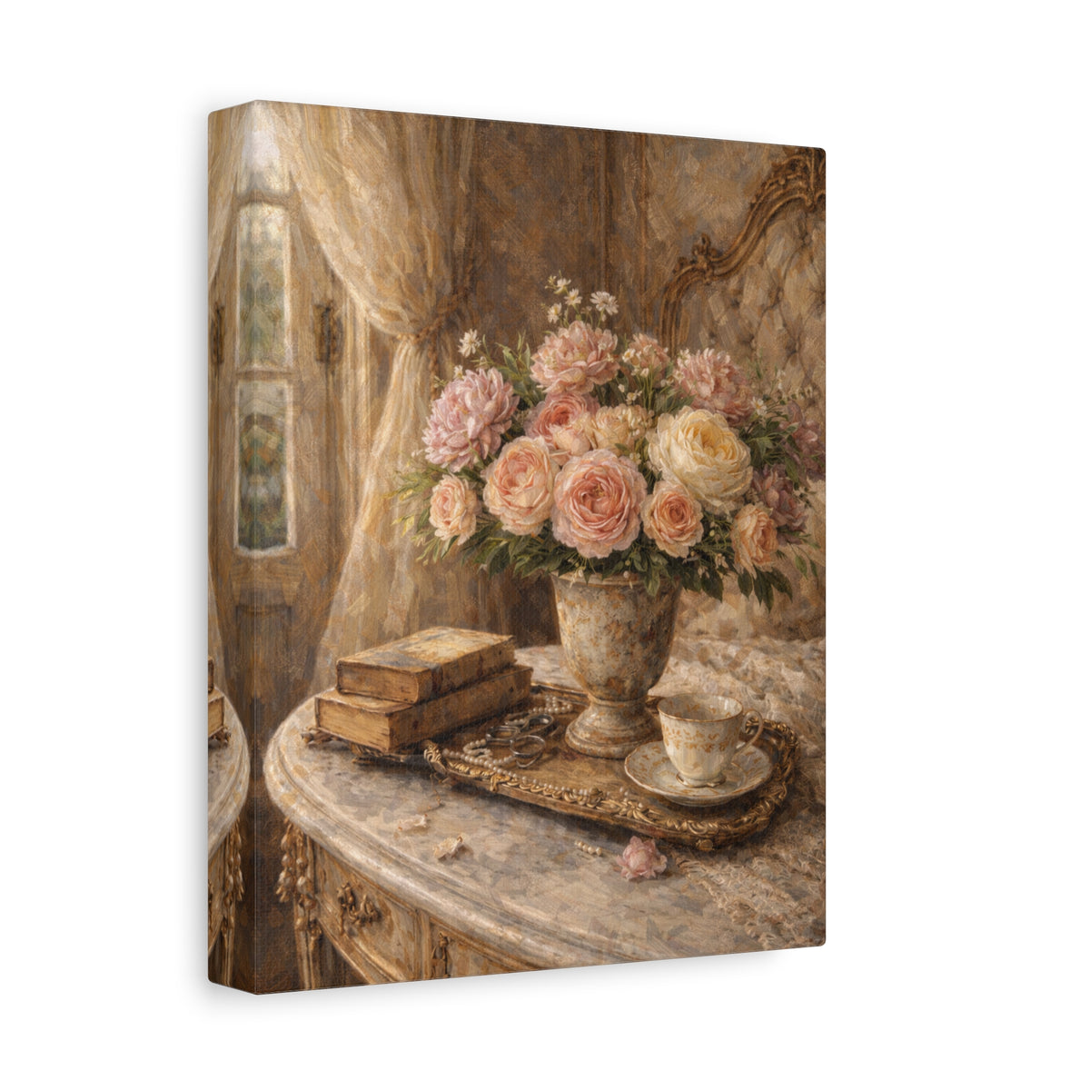 French Country Books Roses Canvas Wall Art Print, Chateaucore Floral Wall Hanging Decor, Victorian Romantic Home Decor, Gift Mom Grandma