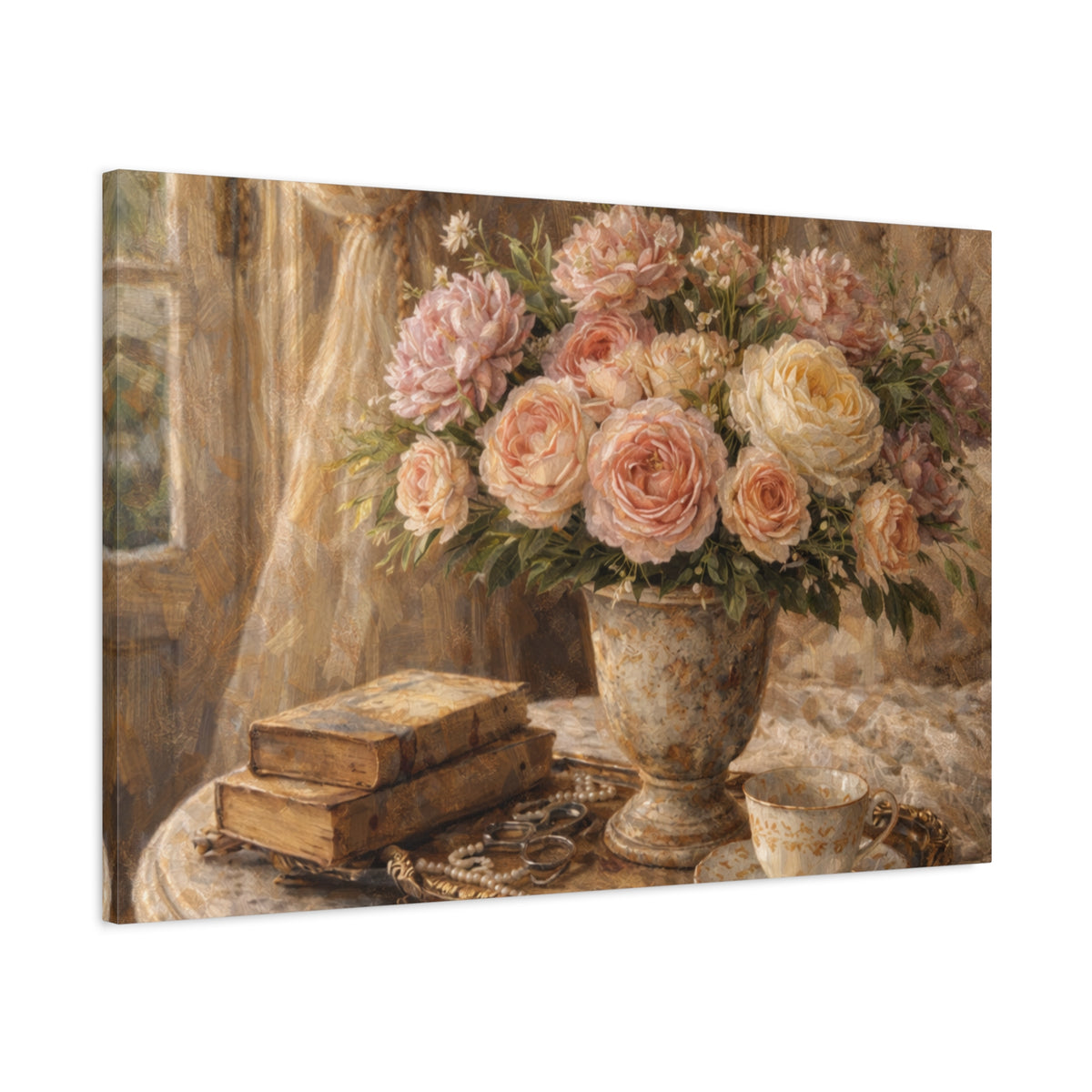 French Country Books Roses Canvas Wall Art Print, Chateaucore Floral Wall Hanging Decor, Victorian Romantic Home Decor, Gift Mom Grandma