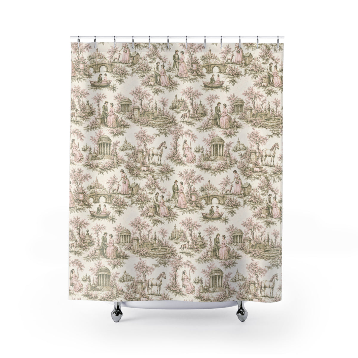 Soft Pink Sage French Toil de Jouy Fabric Shower Curtain, Victorian Bathroom Decor Country Cottage, Shabby Chic Farmhouse, Housewarming Gift