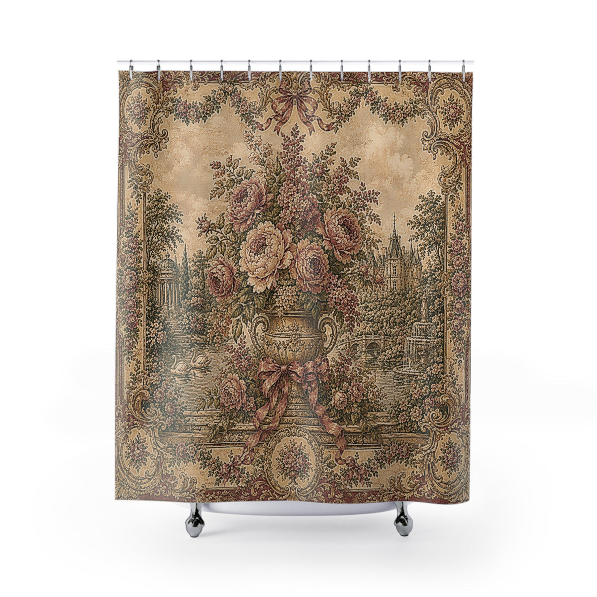 Dusty Rose Aubusson Shower Curtain – Pink Roses & Peonies – French Country Chateaucore Bathroom Decor