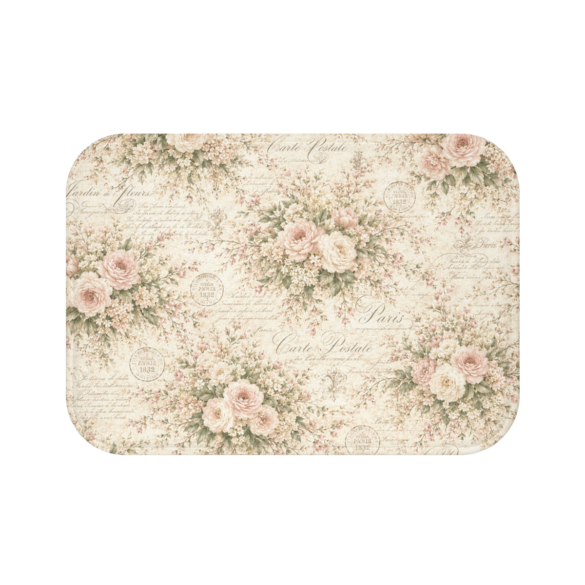 Love Letter Chateau Memory Foam Bathmat, Ivory Blush Rose French Script, Romantic Chateaucore Victorian Floral Soft Mat