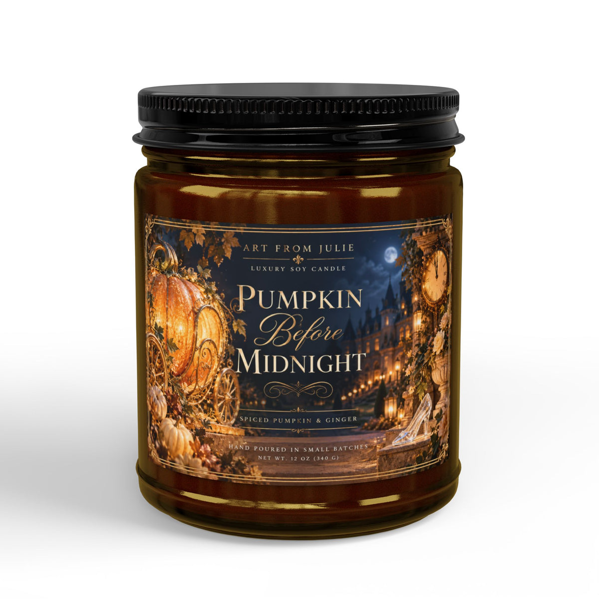 Pumpkin Before Midnight – Spiced Pumpkin & Ginger Soy Candle | Amber or Clear Jar with Lid Enchanted Fairytale Chateau Candle