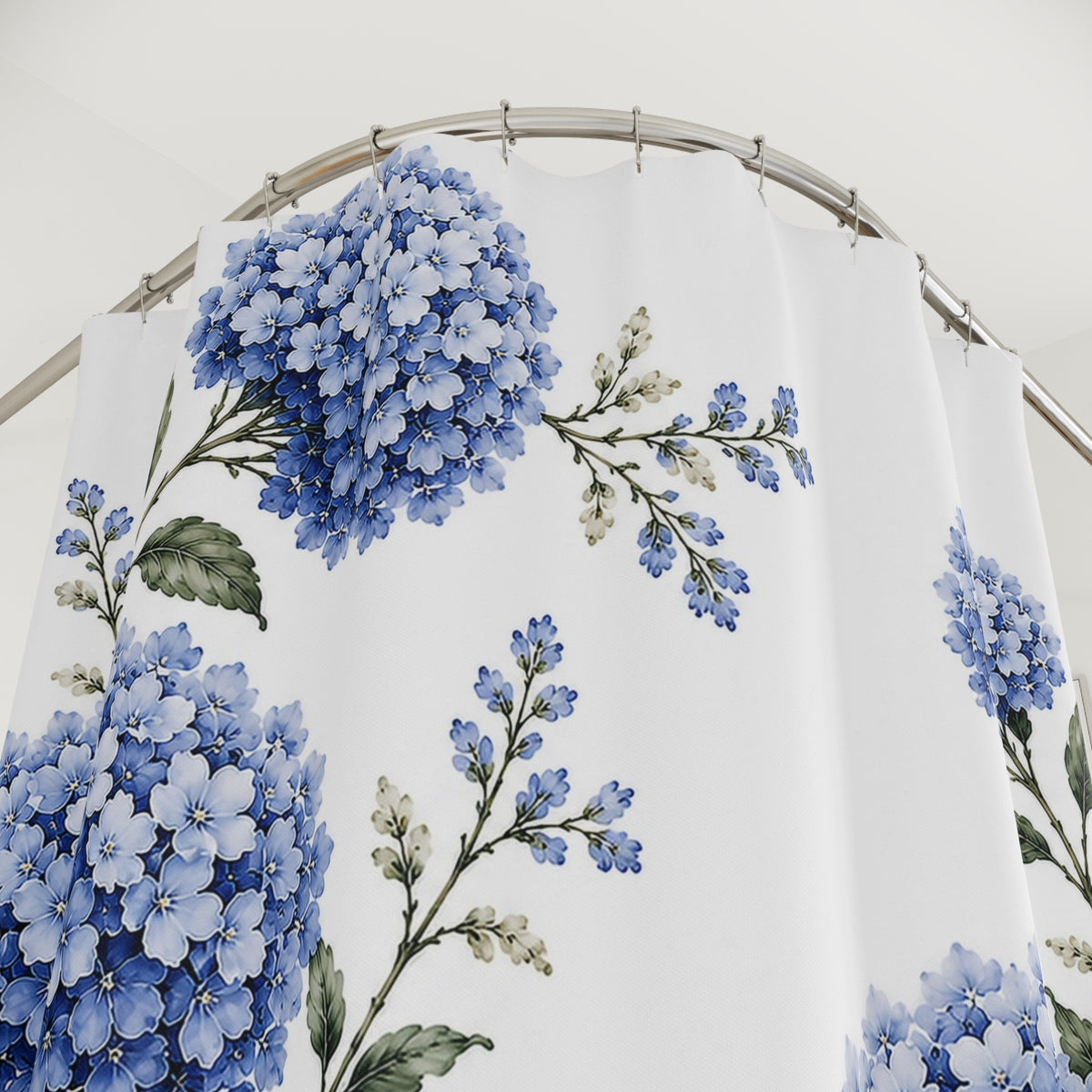 Dusty Blue Hydrangea Shower Curtain – French Country Chateaucore Floral Bathroom Decor – 71×74