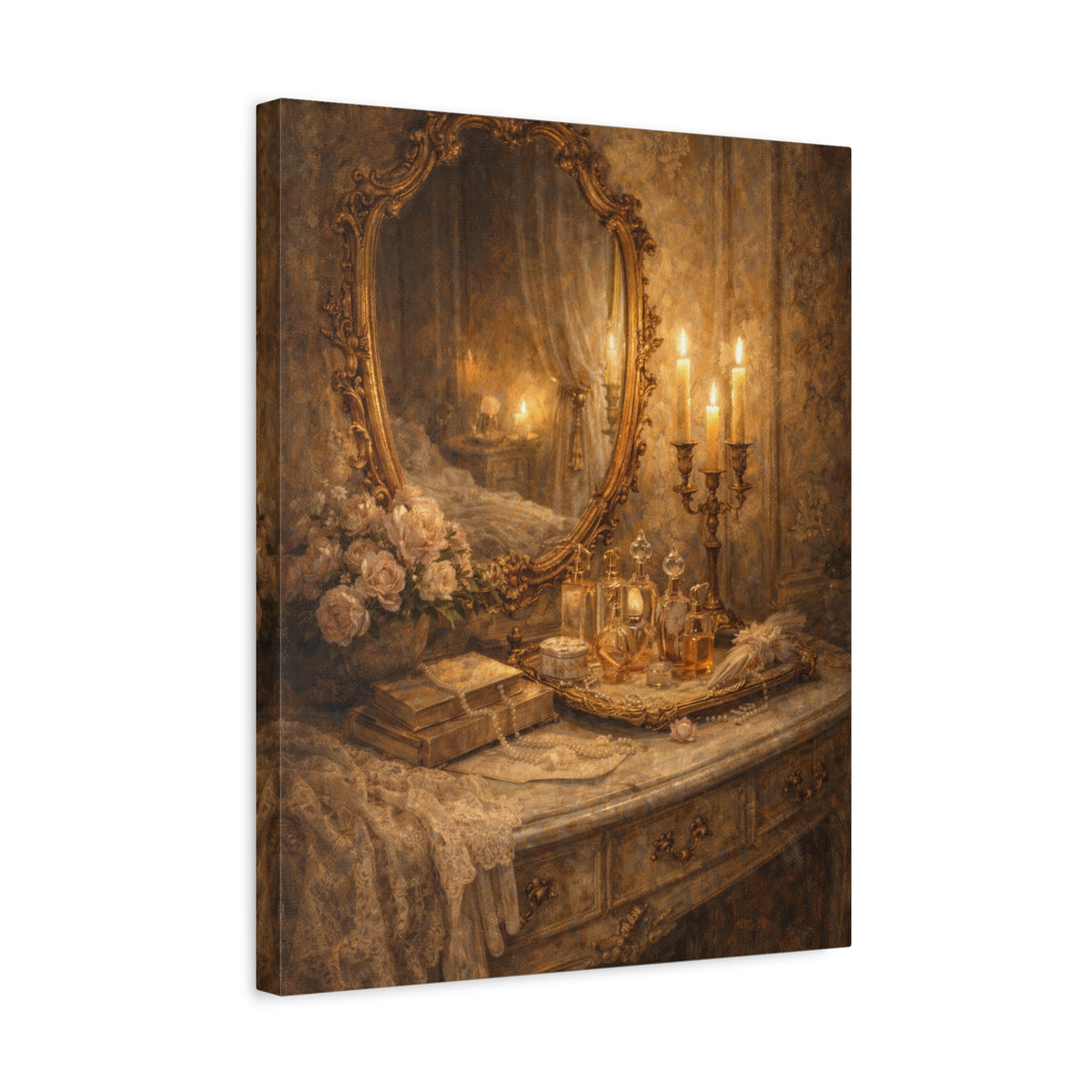 French Country Perfume Vanity Canvas Wall Art Print, Chateaucore Floral Wall Hanging Decor, Victorian Romantic Home Decor, Gift Mom Grandma