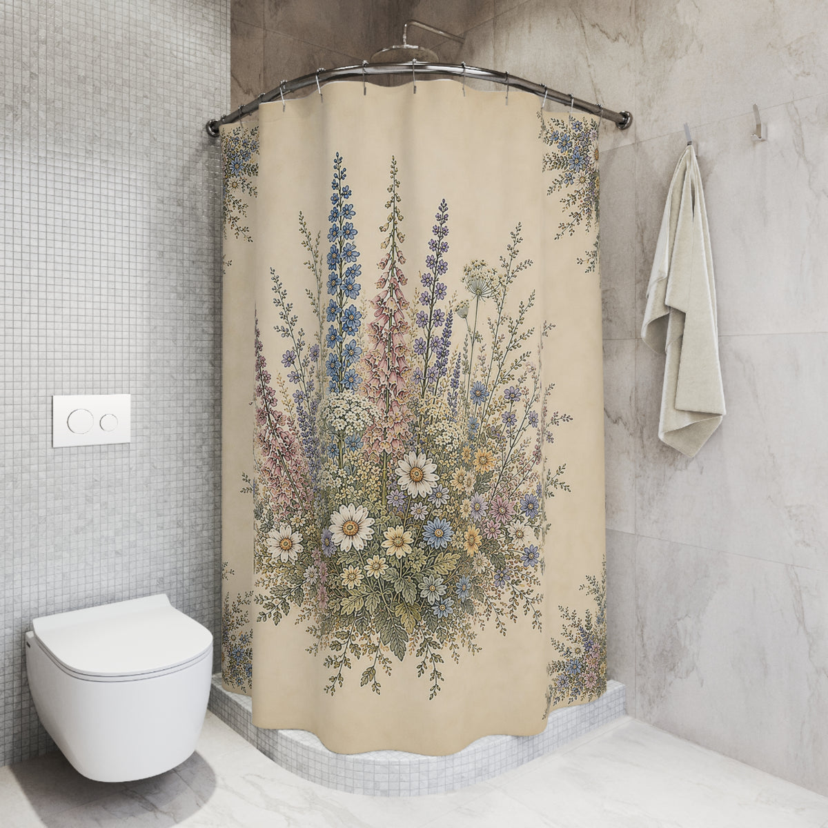 Pastel Wildflowers Shower Curtain, English Garden Bathroom Decor, French Country Cottage, Shabby Chic, Floral Housewarming Wedding Gift