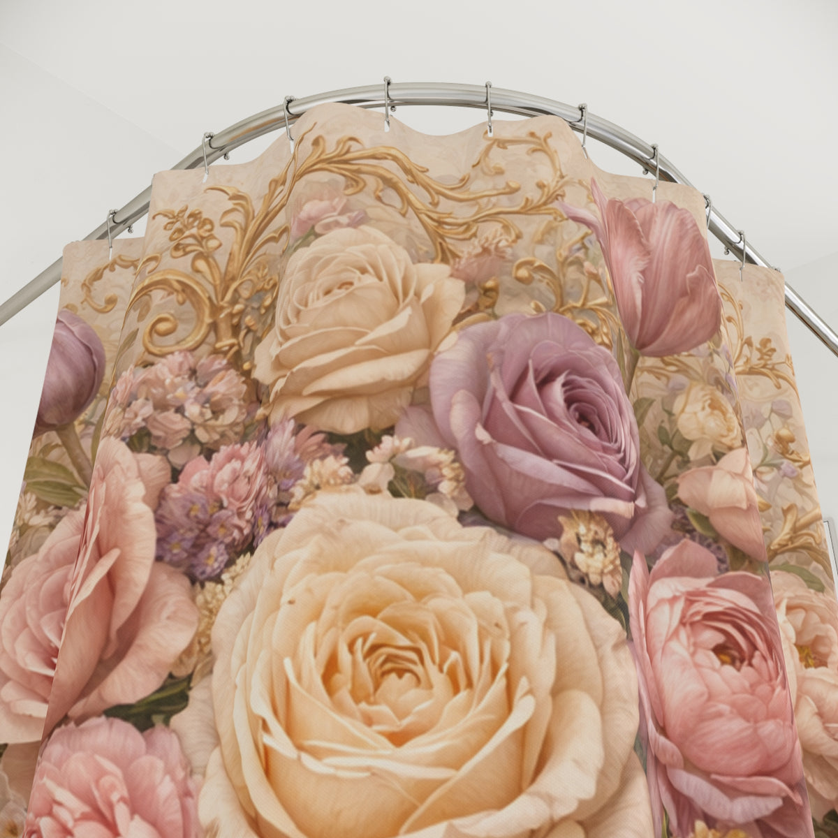 Rococo Pink Roses Floral Gold Baroque Shower Curtain, Victorian Bathroom Decor, French Country, Shabby Chic, Housewarming Wedding Gift