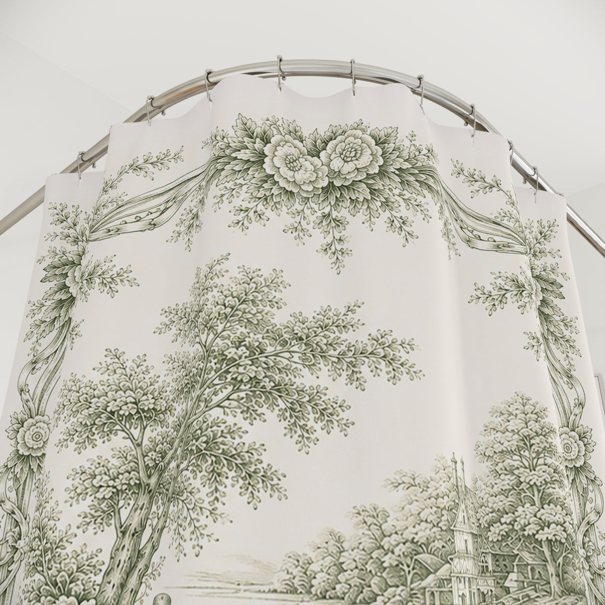 Sage Green French Toil Floral Shower Curtain, Victorian Bathroom Decor, Vintage Country Cottage, Shabby Chic, Farmhouse, Housewarming Gift