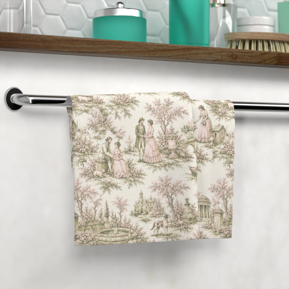 Vintage Sage and Pink Toile de Jouy Washcloth, French Country Pastoral Face Towel, Grandmillennial Shabby Chic