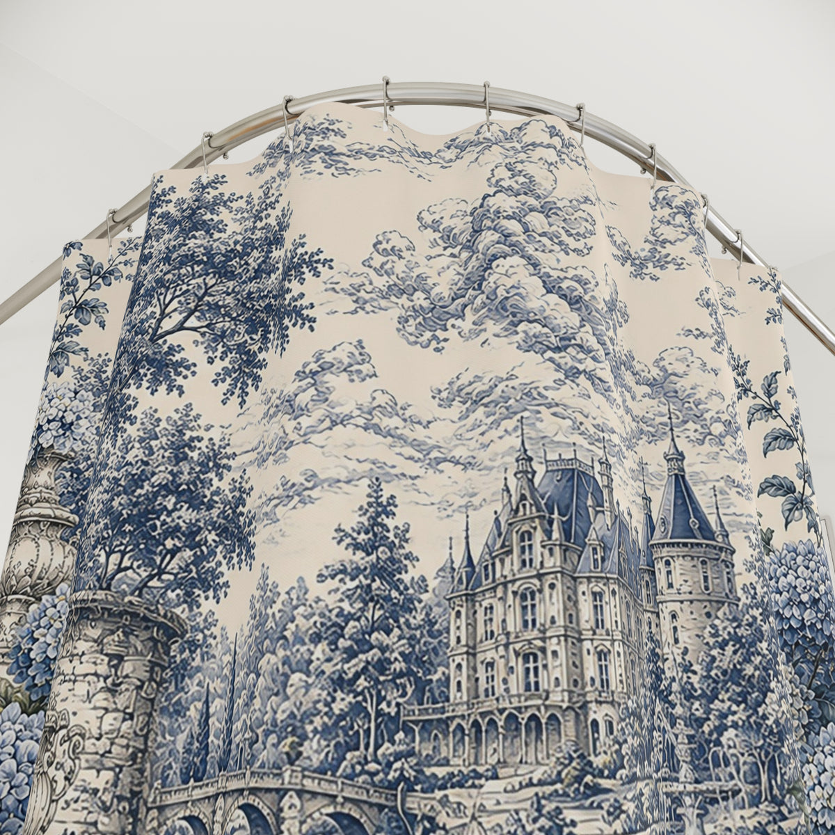 Blue Hydrangea Château Garden Fabric Shower Curtain – Swans Pond French Country Blue Floral Bathroom, Chateaucore Hydrangea Decor French Country Decor