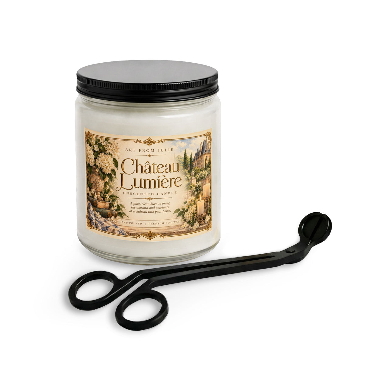 Château Lumière Unscented Candle Gift Set – French Country Soy Candle with Matte Black Wick Trimmer Amber Jar