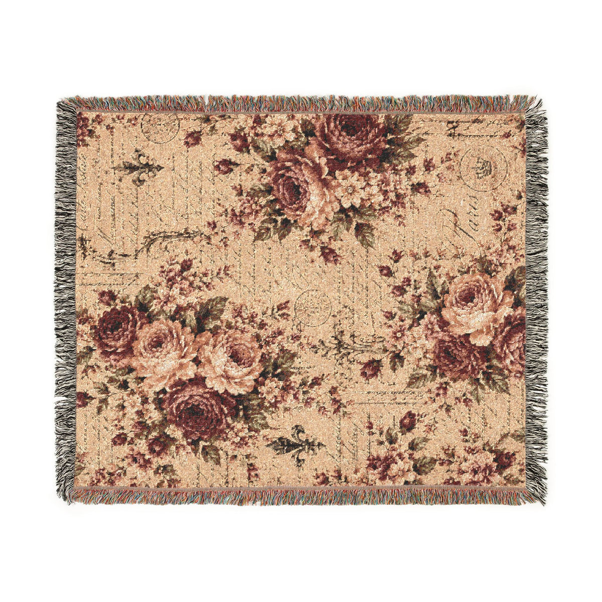 Burgundy Rose French Script Woven Tapestry Blanket – Vintage Chateaucore Floral Throw
