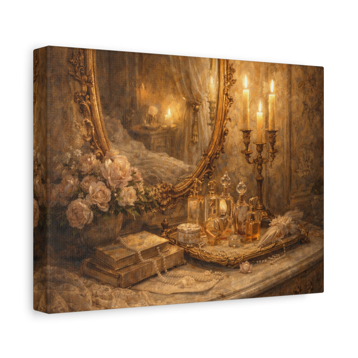 French Country Perfume Vanity Canvas Wall Art Print, Chateaucore Floral Wall Hanging Decor, Victorian Romantic Home Decor, Gift Mom Grandma