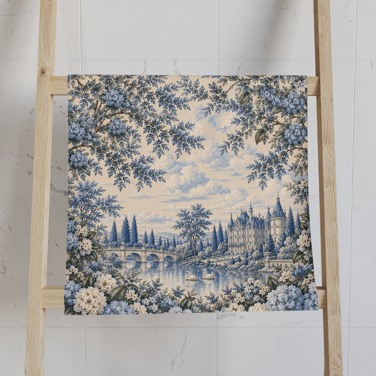 Blue Hydrangea Château Garden Hand Towel, French Country Floral Tea Cloth, Blue Toile Chateaucore Shabby Chic Bathroom Decor