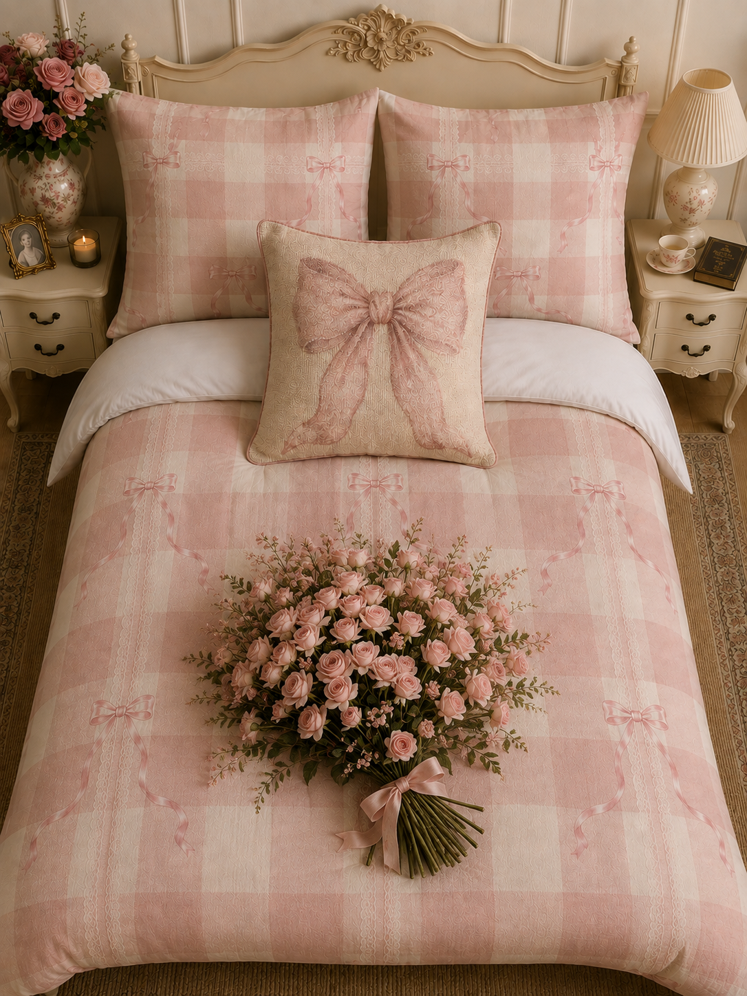 Pink Coquette Comforter or Duvet Cover Set, French Country Bedding Shabby Chic Gingham Lace Bow Bedspread Cottagecore Bedroom Decor