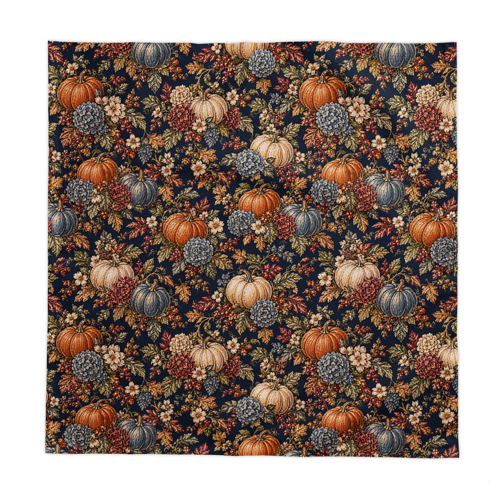 Navy Blue Pumpkin Hydrangea Fall Tablecloth, French Country Table Linen, Autumn Floral Harvest Dining Decor