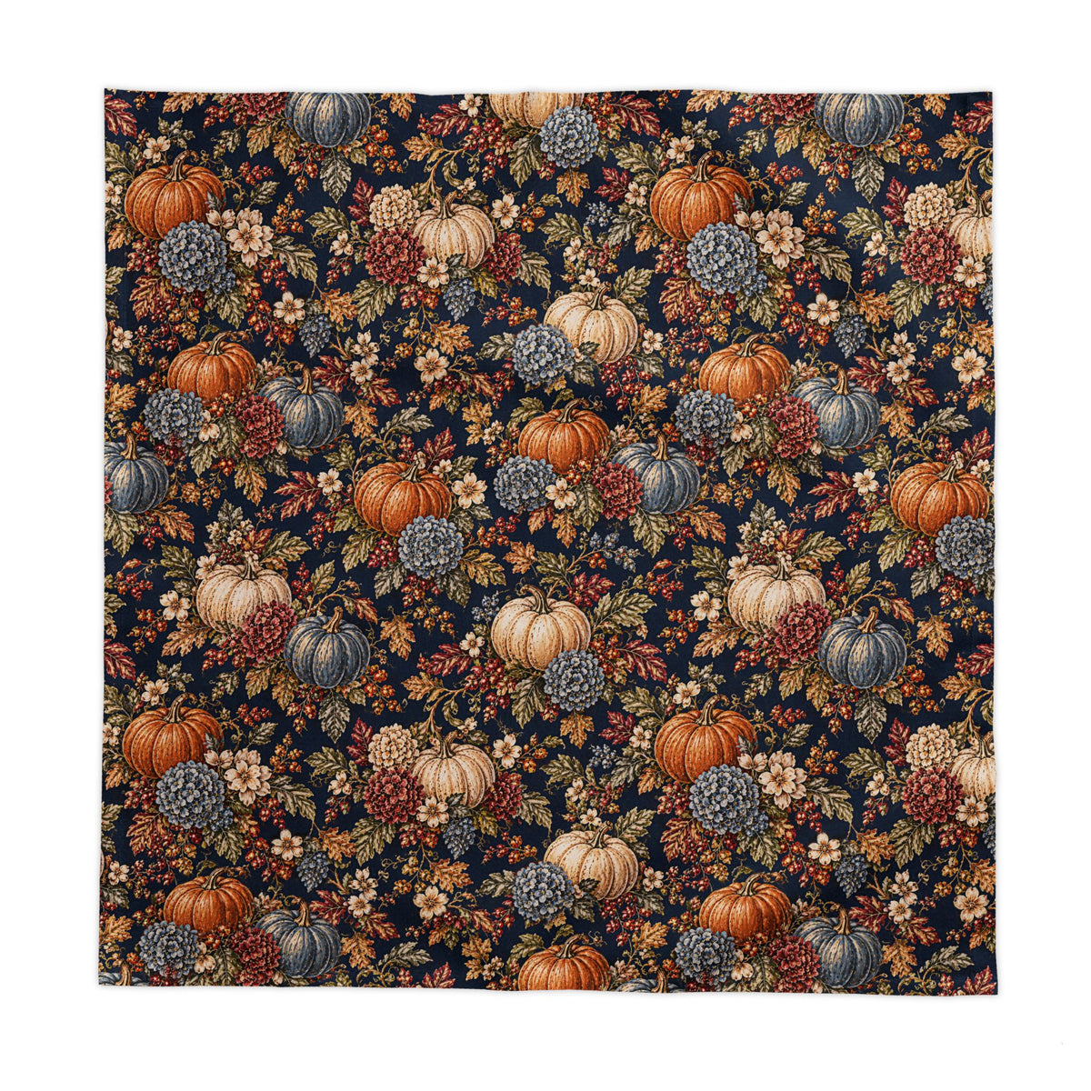 Navy Blue Pumpkin Hydrangea Fall Tablecloth, French Country Table Linen, Autumn Floral Harvest Dining Decor