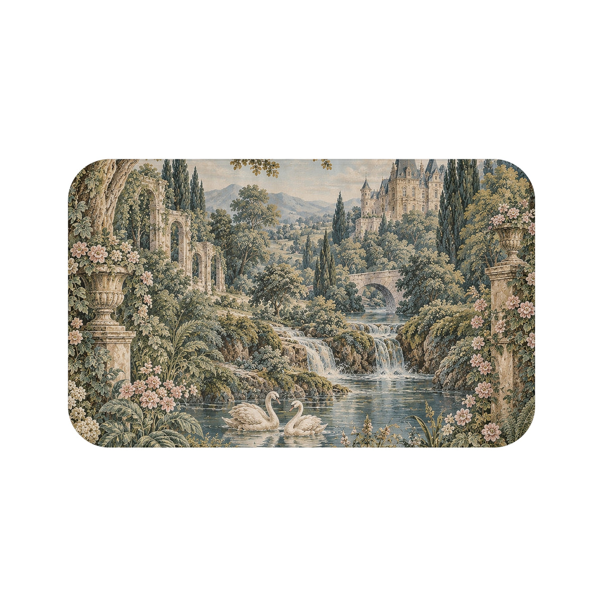 French Verdure Château Garden Memory Foam Bathmat – Vintage Green Aubusson Swans French Country Chateaucore Victorian Floral Bathroom Rug