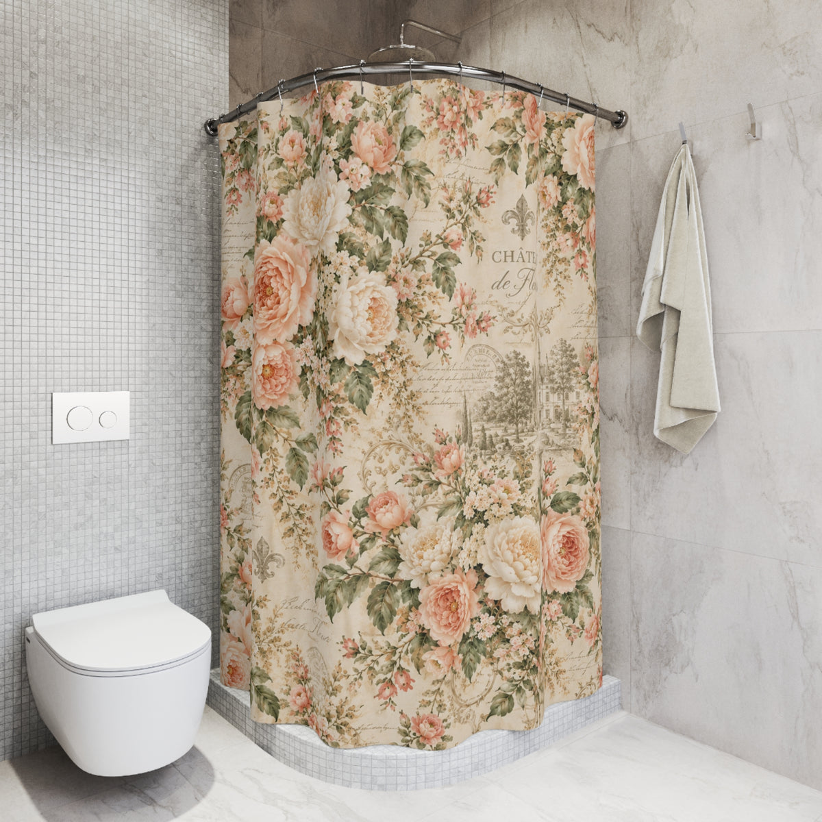 Peach Rose Château Shower Fabric Curtain, French Country Floral Bath Decor, Peach Roses & Sage Green, Romantic Chateaucore Bathroom Curtain