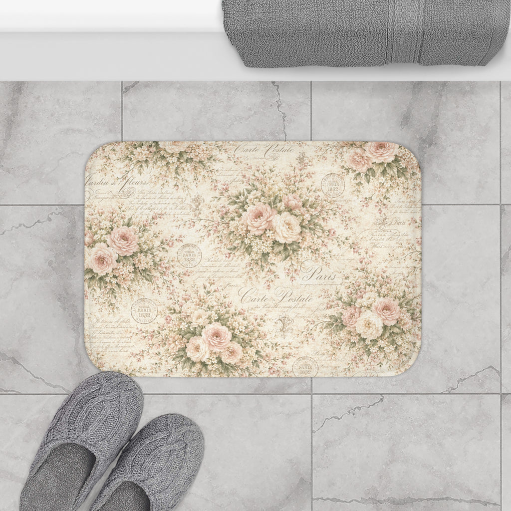 Love Letter Chateau Memory Foam Bathmat, Ivory Blush Rose French Script, Romantic Chateaucore Victorian Floral Soft Mat